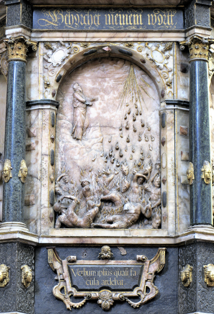 Pulpit relief in the St Mary Magdalene Church in Wrocław, depicting Elijah sending fire on Ahaziah’s troops, by Friedrich Gross the Elder (1579-1580). Photo: Mirosław Łanowiecki